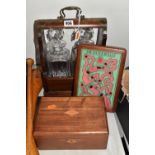 A GROUP OF TREEN ITEMS, to include a WWI hand held wooden puzzle 'The Silver Bullet' or the road