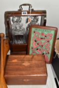 A GROUP OF TREEN ITEMS, to include a WWI hand held wooden puzzle 'The Silver Bullet' or the road