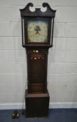 A GEORGIAN 30 HOUR LONGCASE CLOCK, the hood with twin swan neck pediment, the glass door enclosing a