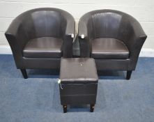 A PAIR OF DUNELM BROWN LEATHER TUB CHAIRS, width 77cm x depth 71cm x height 78cm, along with a
