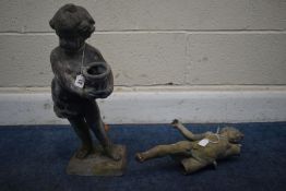 A LEAD GARDEN ORNAMENT DEPICTING PUTTI HOLDING A BUCKET, height 51cm, total weight 21.4kg, along