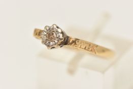 A YELLOW METAL DIAMOND SINGLE STONE RING, illusion set single cut diamond, in a white metal mount to