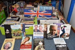 FIVE BOXES OF BOOKS to include approximately 120 titles of various genres to include biographies,