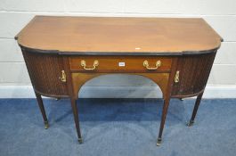 AN EDWARDIAN MAHOGANY AND CROSSBANDED SIDEBOARD, fitted with a single frieze drawer, flanked by