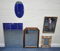 A RECTANGULAR FRAMELESS MIRROR, 106cm x 74cm, another frameless mirror, along with three other