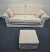 AN OATMEAL FOLIATE UPHOLSTERED TWO SEATER SOFA, length 198cm x depth 93cm x height 95cm, along
