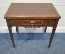 AN EDWARDIAN MAHOGANY AND CROSSBANDED GAMES TABLE, the double fold over surface enclosing a green