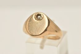 A 9CT GOLD SIGNET RING, an oval form signet ring, tapered shoulders, hallmarked 9ct Birmingham, ring