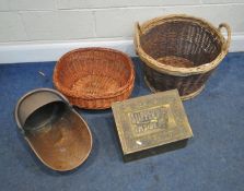 A CIRCULAR WICKER BASKET, with twin handles, diameter 55cm x height 42cm, another basket, a brass