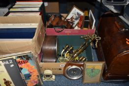 THREE BOXES, TWO CASES AND LOOSE SEWING MACHINE, RECORDS AND SUNDRY ITEMS, to include over seventy