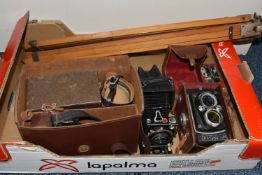 A BOX OF CAMERAS AND PHOTOGRAPHIC EQUIPMENT, to include a Zeiss Ikon folding camera, with a box of