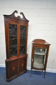 AN EDWARDIAN MAHOGANY AND CROSS BANDED BOW FRONT CHINA CABINET, with an arched raised back, a single