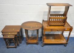 FOUR PIECES OF 20TH CENTURY OAK OCCASIONAL FURNITURE, to include a two tier trolley, with a single