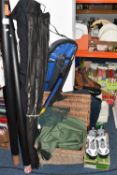 A GROUP OF FISHING EQUIPMENT AND MEN'S SHOES, to include catch nets, Showbee waders size 8, a