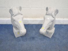 A PAIR OF MODERN COMPOSITE BUST'S OF A HORSES HEAD, on a square plinth, depth 53cm x height 59cm,