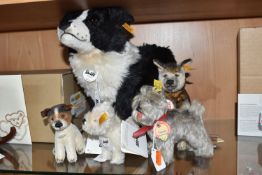 A GROUP OF FIVE STEIFF DOGS comprising 'Benny Border Collie' Model No. 035029 with button tag to the
