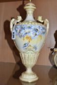 A ROYAL WORCESTER TWIN HANDLED PEDESTAL VASE AND COVER, printed and painted with blue and yellow