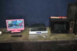 A COLLECTION OF HOUSEHOLD ELECTRICAL ITEMS including an Alba 19in TV with remote, a Goodmans