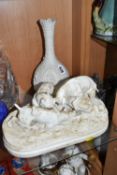 A COPELAND PARIAN VASE AND FIGURE GROUP, comprising a vase with heavy relief decoration of