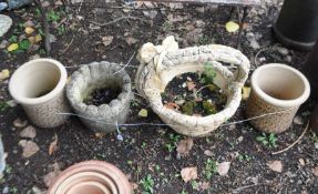 FOUR CERAMIC AND CONCRETE PLANT POTS, including a basket planter height 48cm, a pair of pots, and