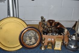 TWO BOXES OF ASSORTED METALWARES to include a plated Viners tea pot and coffee pot with sugar