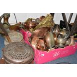 TWO BOXES AND LOOSE MIXED METALWARES to include a large quantity of Villedieu copper items from