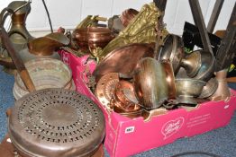 TWO BOXES AND LOOSE MIXED METALWARES to include a large quantity of Villedieu copper items from