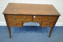 A 20TH CENTURY MAHOGANY KNEE HOLE DESK, fitted with four drawers, raised on shaped legs, width 110cm