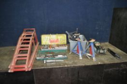 A COLLECTION OF AUTOMOTIVE TOOLS including car ramps, two pairs of axle stands, a Metabo and a