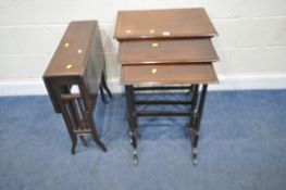 AN EDWARDIAN MAHOGANY TALL NEST OF THREE TABLES, raised on slender cylindrical legs, largest table