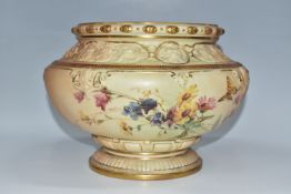 A ROYAL WORCESTER BLUSH IVORY JARDINIERE, of footed bulbous form, shape no 1621, decorated with