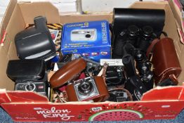 A BOX OF CAMERAS, BINOCULARS AND RELATED ITEMS, to include a cased Zeiss Ikon Contina Prontor - SVS,