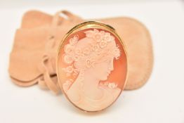 A CAMEO BROOCH, a large shell cameo depicting the profile of a lady, collet set in yellow metal,