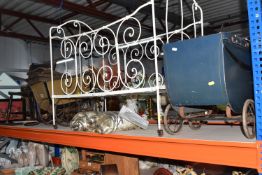 A GROUP OF VINTAGE LARGE ITEMS, to include a French wrought iron cot painted white, with four