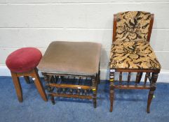 AN EARLY 20TH CENTURY STOOL, with turned spindle supports, raised on shaped legs, width 37cm x depth