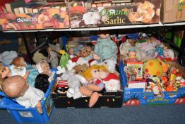 FOUR BOXES AND LOOSE VINTAGE TOYS, to include a large quantity of plush toys, to include a Chad