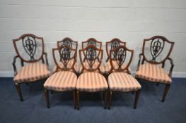 A SET OF EIGHT EDWARDIAN HEPPLEWHITE STYLE MAHOGANY AND CROSS BANDED SHIELD BACK CHAIRS, with
