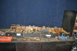 FOUR TRAYS CONTAINING TOOLS including a Sorby draw knife, a Marples corner clamp, a Record 8 and 4in