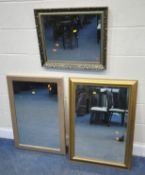 THREE GILT WOOD RECTANGULAR WALL MIRRORS, largest 90cm x 63cm, condition report: general signs of