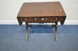 MAPLES OF LONDON, AN EDWARDIAN MAHOGANY DROP LEAF SOFA TABLE, with two frieze drawers, raised on