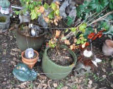 A SELECTION OF GARDEN POTS AND ORNAMENTS, including two Green glazed pots 42cm in diameter, a