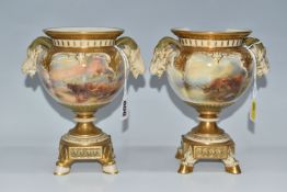 A PAIR OF ROYAL WORCESTER PEDESTAL VASES DECORATED BY HARRY STINTON, each painted with Highland