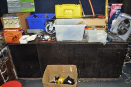 SIX BOXES CONTAINING TOOLS including a pop riveter, a pipe flaring set, clamps, saws, hammers,
