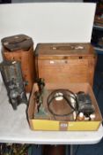 A BOX AND LOOSE WATCH MAKERS' TOOLS, MICROSCOPE AND SUNDRY ITEMS, to include a Moore & Wright tool
