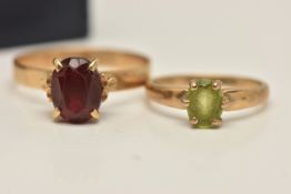 TWO GEM SET RINGS, the first a 9ct gold oval cut peridot set ring, hallmarked 9ct Sheffield, ring