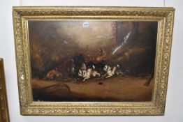 A 19TH CENTURY CANINE PICTURE IN THE STYLE OF GEORGE ARMFIELD, depicting six dogs in an outbuilding,