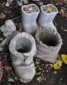 FIVE GARDEN ORNAMENTS, including two pairs of glazed ceramic 'wellies', two boot planters and a frog