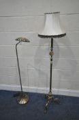 A BRASS AND ONYX STANDARD LAMP, raised on three shaped legs, height to fitting 135cm, along with