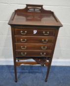 AN EDWARDIAN MAHOGANY AND INLAID MUSIC CABINET, with a raised gallery, fitted with five fall front