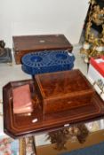 A GROUP OF MISCELLANEOUS ITEMS, to include a writing slope with mother of pearl inlay and two